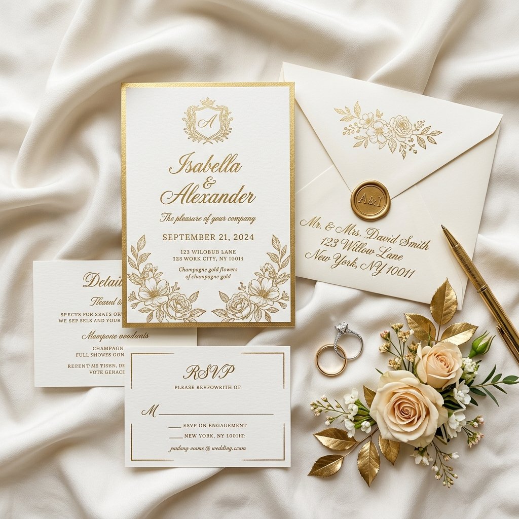 Elegant luxury wedding invitation suite with gold foil details